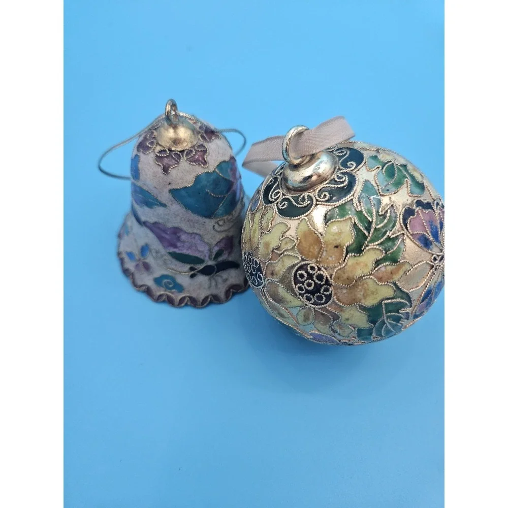 Vintage Cloisonné Enamel Christmas Ornaments, Floral and Butterfly Motif.